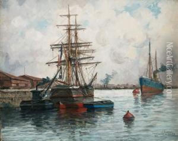 Bateaux Au Port, Environs De Rouen Oil Painting - Jules Vernier