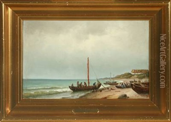 Coastal Scenery With Fisherman And Boats On The Beach Oil Painting - Carl Ludwig Bille