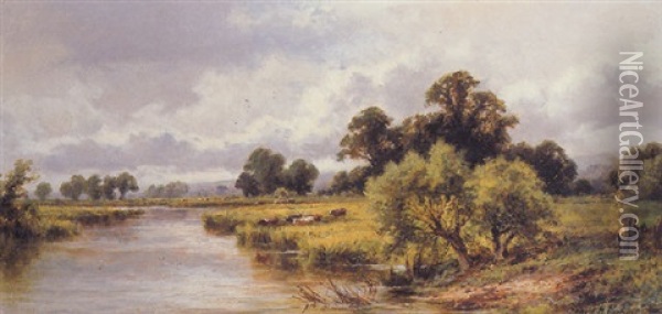 Cattle Grazing On The River Thames Near Streatley, Berkshire Oil Painting - Henry H. Parker