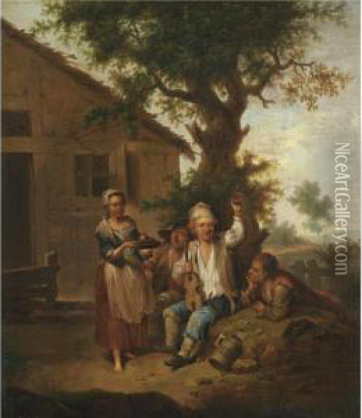 Peasants Drinking And Making Music Before An Inn Oil Painting - Joseph Conrad Seekatz