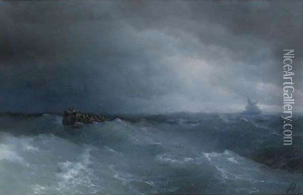 The Stormy Sea At Nightfall Oil Painting - Ivan Konstantinovich Aivazovsky