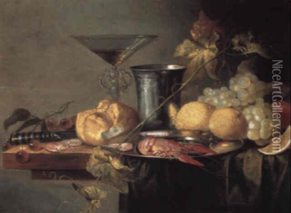 Crayfish And Prawns On A Pewter Plate, A Beaker, Glass And Fruit On A Table Oil Painting - Jan van den Hecke the Elder