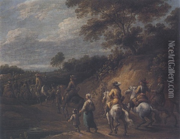Landscape With Cavaliers And Other Travellers Oil Painting - Lambert de Hondt