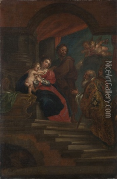 Bottega Di Sacra Famiglia Con Sacro Vescovo Oil Painting - Abraham van Diepenbeeck