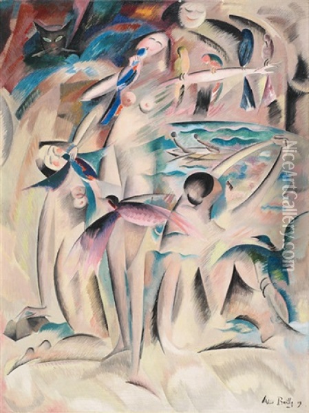 Femme Aux Oiseaux - Composition Aux Oiseaux Oil Painting - Alice Bailly