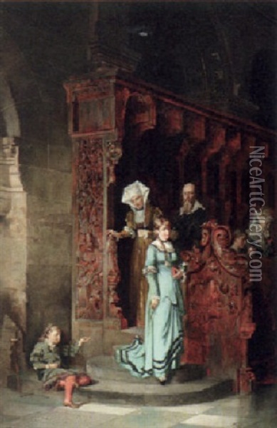 In Der Kirche. Patrizierfamilie Verlast Das Reichgeschmuckte Gotische Chorgestuhl Oil Painting - Johann Hamza