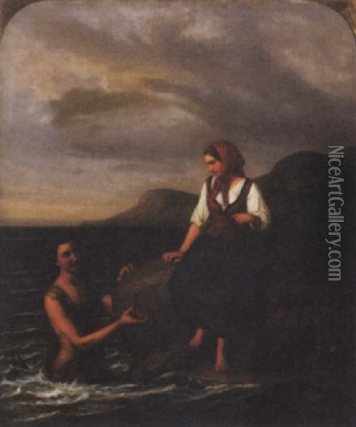 Liden Gunvor Og Havmanden Oil Painting - Edvard Lehmann
