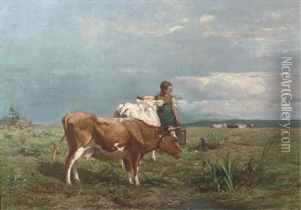 Tending To The Livestock Oil Painting - Albertus Gerardus Bilders