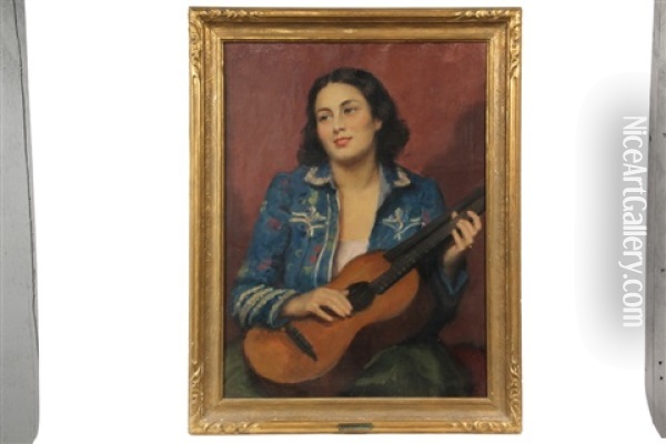 Woman With Guitar Oil Painting - Janos Laszlo Aldor