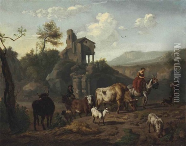 Shepherds And A Shepherdess Driving Cattle Oil Painting - Dirk van Bergen