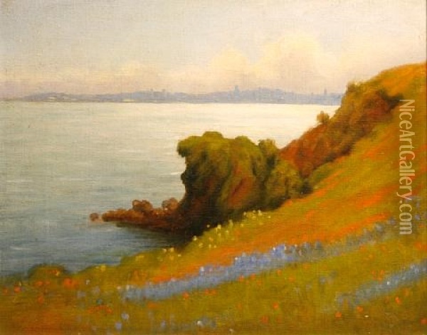 Marin Wildflowers With San Francisco In The Distance Oil Painting - William Barr