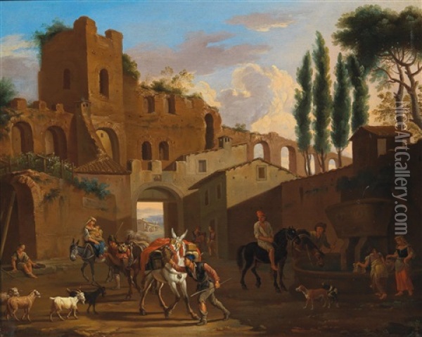 Horsemen And Washerwomen At A Well Near An Antique Aqueduct Oil Painting - Jacob De Heusch
