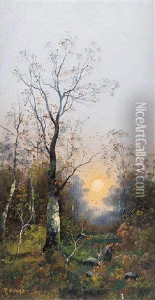 Zwei Bilder : A) Reisigsammlerin Im Birkenhain Bei Abendsonne B) Wildenten In Aulandschaft  (2 Works) Oil Painting - Georg Fischhof