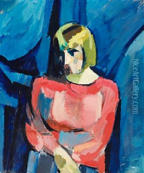 Dame I Rodt (lady In Red) Oil Painting - Harald Giersing