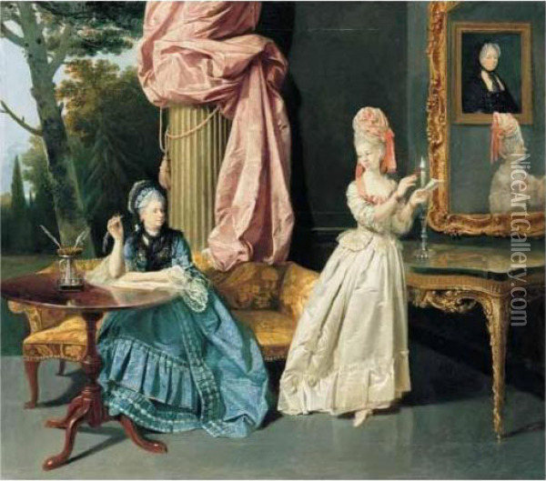 Conversation Piece With Two Ladies At A Table Oil Painting - Johann Zoffany