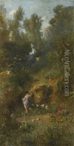 Landscape With Bathing Diana Oil Painting - Heinrich (Franz-Dreber) Dreber