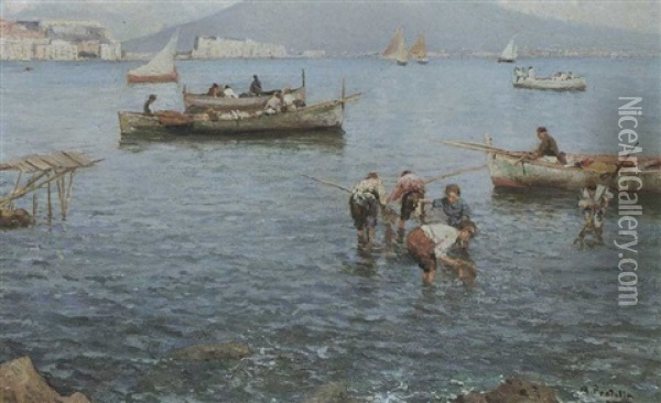 Fishermen In The Bay Of Naples Oil Painting - Pietro Barucci