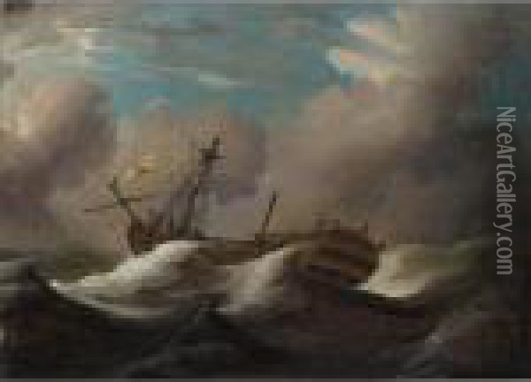 Aman-o-war Dismasted In Heavy Seas Oil Painting - Peter Monamy