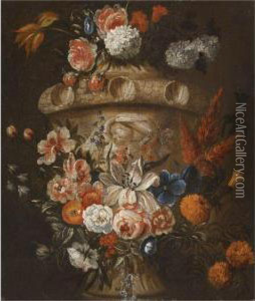 A Pair Of Still Lifes With Garlands Of Roses, Lilies, Tulips Andother Flowers Decorating Stone Rilievo Urns Oil Painting - Gaspar-pieter The Younger Verbruggen
