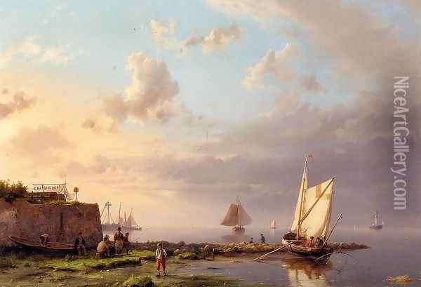 Mending the Nets by the Shore Oil Painting - Hermanus Jr. Koekkoek