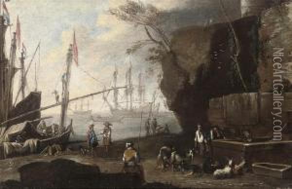 A Mediterranean Coastal Landscape With Figures In The Foregroundand Shipping Beyond Oil Painting - Adriaen Van Der Kabel