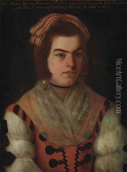 Portrait Of Maria Ignacia Moreno Barrios (born 1776) Oil Painting - Jose de Alcibar