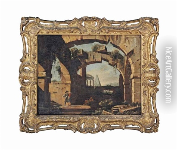 An Architectural Capriccio With Figures Beneath A Ruined Arch Oil Painting - Niccolo Codazzi