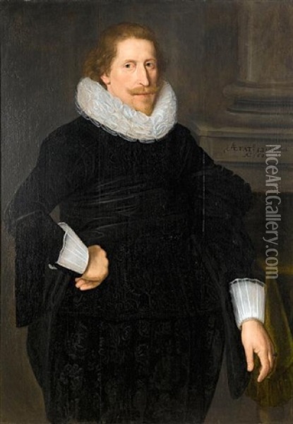 Portrait Of A Gentleman In Black Damask Costume With A White Lace Collar Oil Painting - Jan Anthonisz Van Ravesteyn