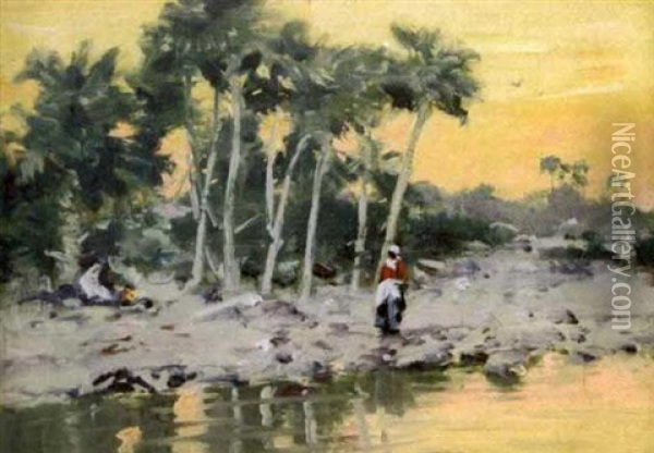Tropical Sunset Landscape With Figures Oil Painting - Gilbert Gaul