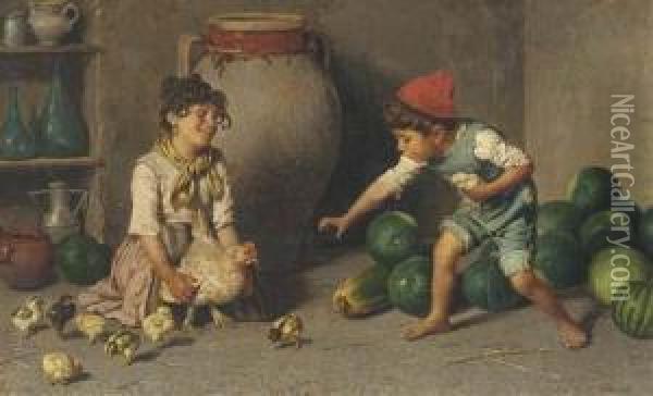 Children Playing With A Mother Hen And Her Chicks Oil Painting - Federico Mazzotta