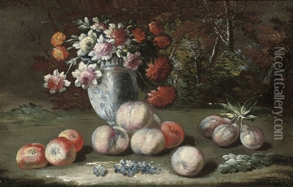 Chrysanthemums In A China Vase, With Apples, Peaches And Plums, In A Landscape Oil Painting - Gasparo Lopez