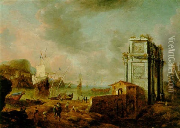 A Capriccio Of A Mediterranean Harbour With Elegant Figures Near A Triumphal Arch Oil Painting - Jan Abrahamsz. Beerstraten