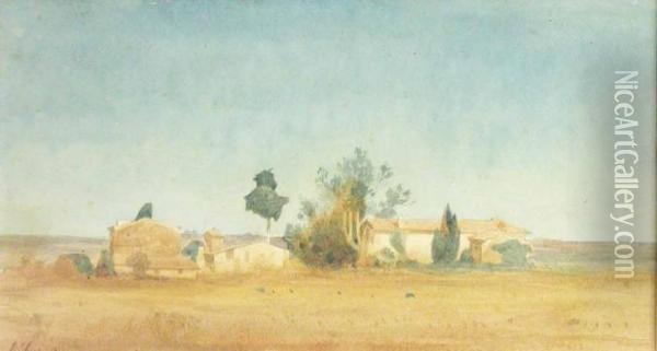 Rural Scene With Farm Buildings, Watercolour Oil Painting - Henri-Joseph Harpignies