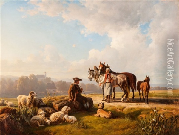 Ein Landmann Mit Seinem Schafer Redend (a Peasant Talking To His Shepherd) Oil Painting - Robert Eberle