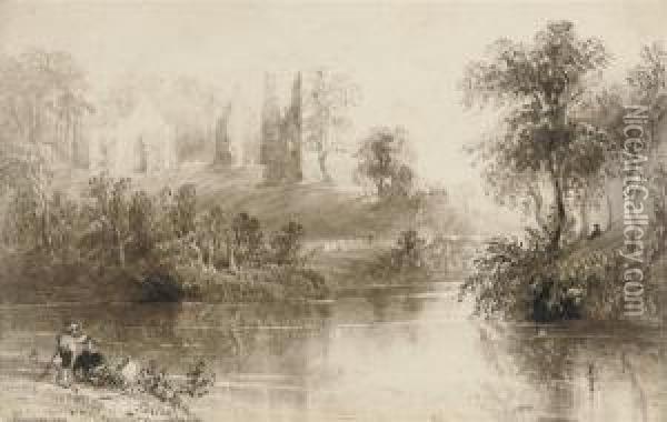Figures On A River Bank, A Ruined Abbey Beyond (illustrated) Oil Painting - William Henry Bartlett