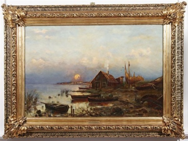 Sunset With Houses And Rowboats Oil Painting - Yuliy Yulevich (Julius) Klever