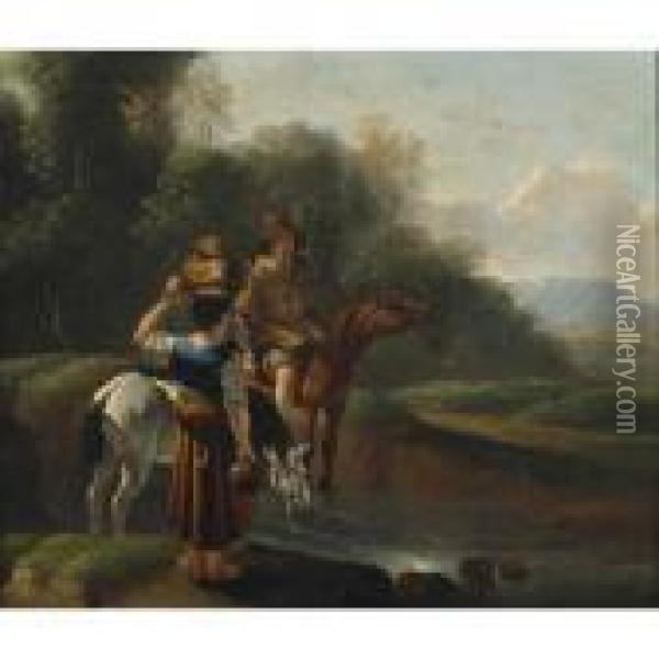 Early Morn (couple With Their Horses Gathering Water In Alandscape) Oil Painting - Karel Dujardin