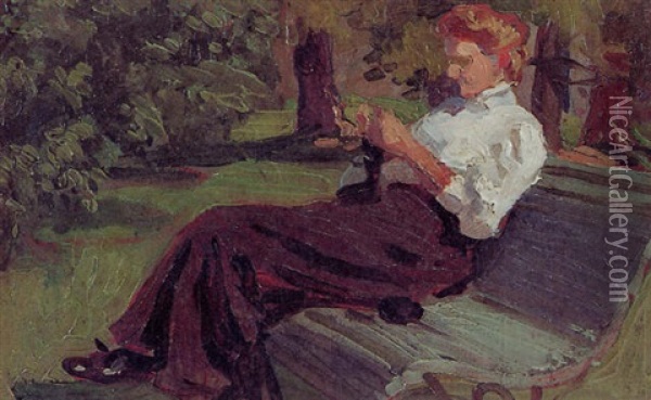 The Artist's Wife Seated On Park Bench Oil Painting - Max Liebermann