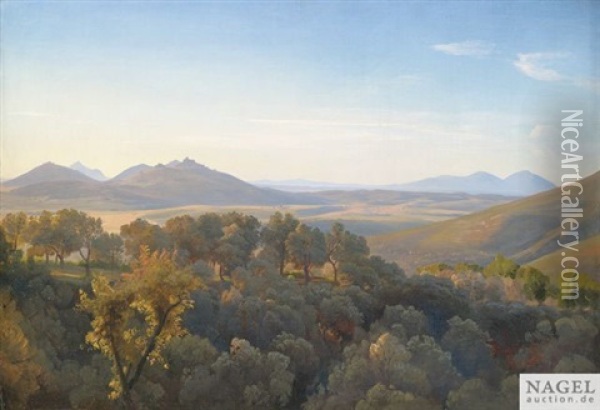 Weite Italienische Landschaft Am Fruhen Abend Oil Painting - Johann Wilhelm Schirmer