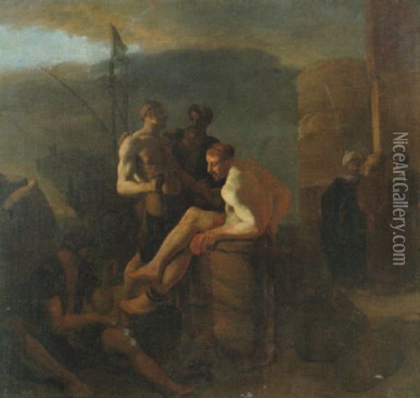 The Slavemarket - Hamnscen Med Figurer Oil Painting - Johannes Lingelbach