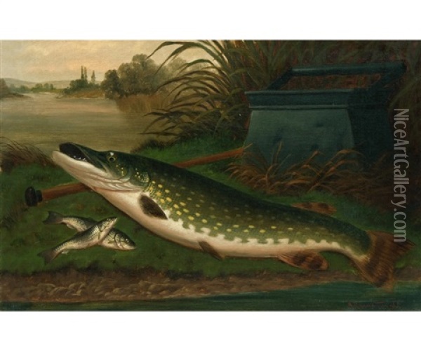 A Caught Pike Oil Painting - A. Roland Knight