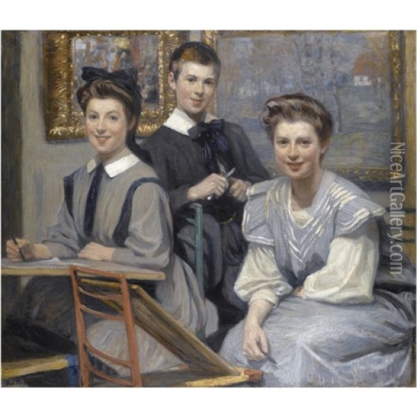 Portrait Of The Artist's Children Oil Painting - Janis Rozentals