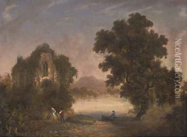 Figures before an Abbey ruin Oil Painting - Richard Woodley Brown
