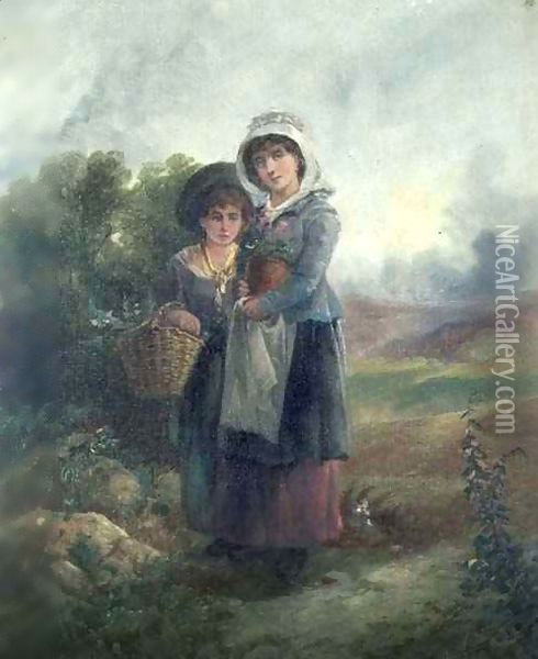 Two country girls carrying flowers Oil Painting - John Barkin