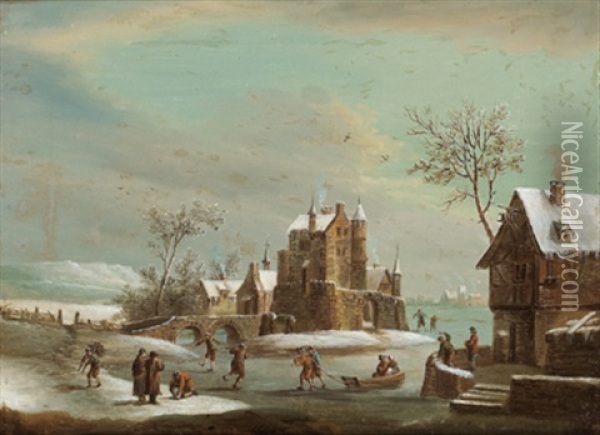 Winterlandschaft Mit Schlittschuhlaufern Oil Painting - Franz Hochecker
