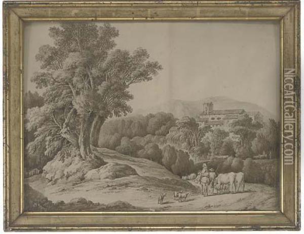 A Drover With Cattle And Goats Before A Villa Oil Painting - Jacob Philipp Hackert