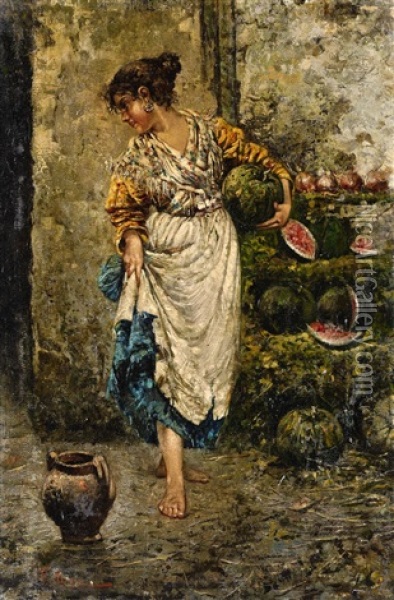 A Young Woman With Watermelons Oil Painting - Vincenzo Irolli