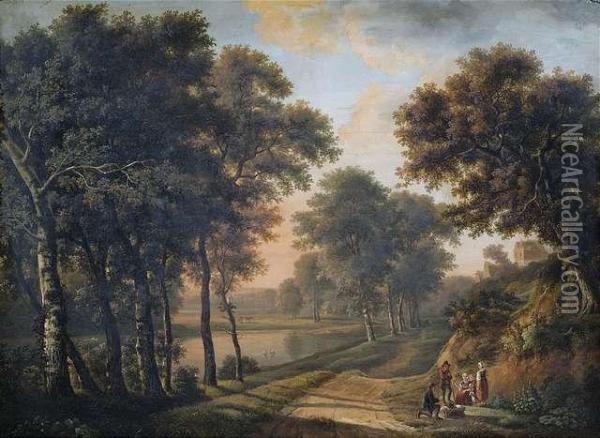 Summery Landscape At Evening Light With A Peasant's Family At Wayside Oil Painting - Maximilien Lambert Gelissen