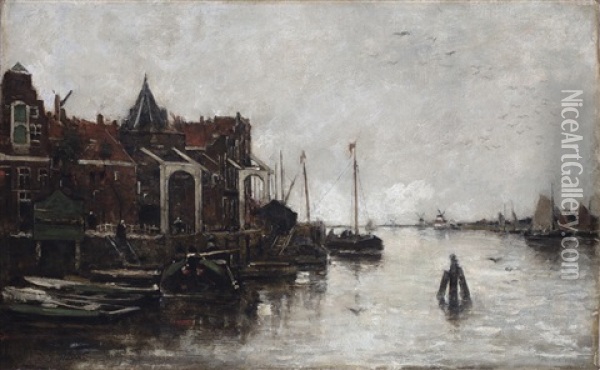 A View Of The Buitenkant With The Schreierstoren In Amsterdam Oil Painting - Jacob Henricus Maris