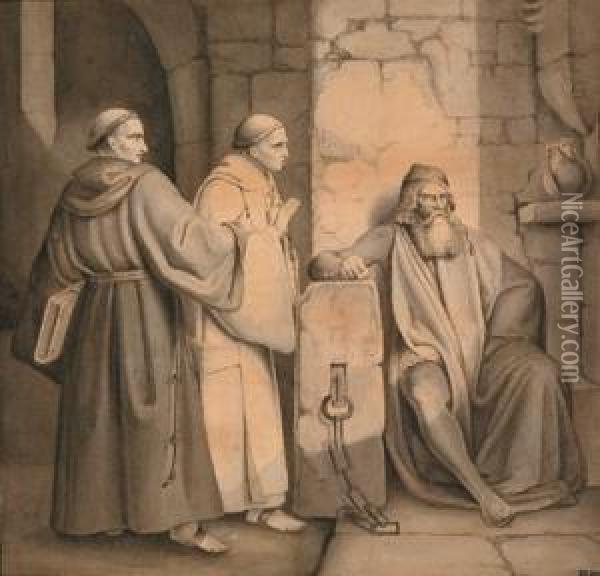 Two Monks Visiting A Prisoner In The Dungeon Oil Painting - Johann Friedrich Overbeck